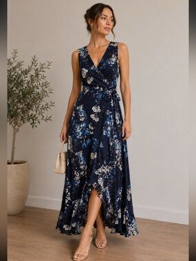 2three 4 summer navy slik blue floral wrap maxi dress size XS halter